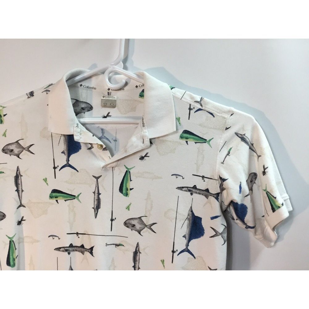 Columbia Sportwear‎ Company mens polo fish print white Golf Casual Shirt size L
